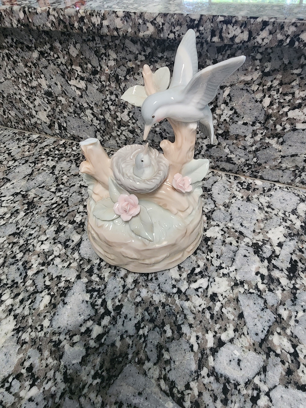 Porcelain Dove and Nest Decorative Music Box in Soft White and Pink